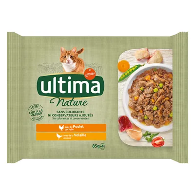 Ultima Nature kattenvoer met kip en gevogelte, zonder kleurstoffen en conserveermiddelen, gestoomd, 85g verpakking.