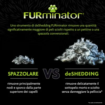 FURminator: confronto tra spazzolare e deShedding. Spazzolare rimuove nodi e sporco superficiali, deShedding elimina sottopelo morto senza danneggiare la pelliccia. Testo in italiano.