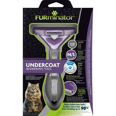 FURminator UNDERCOAT deSHEDDING TOOL pour chats à poils longs, taille M/L >4,5 kg. Utilisation 10–20 min/semaine. Réduit la perte de poils jusqu’à 90 %. Texte en anglais visible.