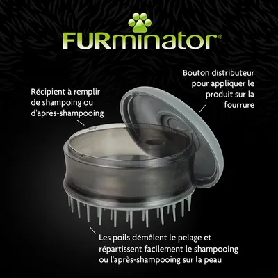 FURminator brosse avec récipient à remplir de shampoing ou d'après-shampoing, bouton distributeur et poils pour démêler le pelage et répartir le produit sur la peau.