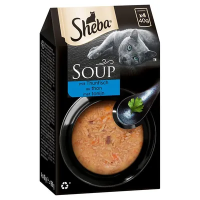 Sheba Soup mit Thunfisch, förpackning med bild på soppa och sked, text: x4 40g. Synlig blå etikett med produktnamn på flera språk.