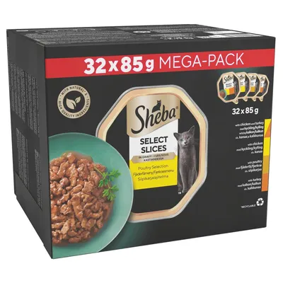 Sheba Select Slices in Gravy Poultry Selection mega-pack, 32 x 85g. Includes varieties with chicken and turkey, with chicken, with poultry, and with turkey. High quality ingredients.