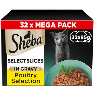 Sheba Select Slices in Gravy Poultry Selection, 32 x 85g mega pack, shown with a plate of sliced food.