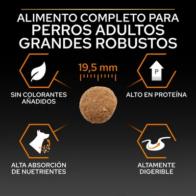 Alimento completo para perros adultos grandes robustos. Sin colorantes añadidos, alto en proteína, alta absorción de nutrientes, altamente digerible. Croqueta de 19,5 mm.