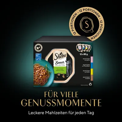 Sheba Sauce Collection, Feine Vielfalt, 12 Portionen à 85g. Sorten: Lachs, Thunfisch, Huhn, Ente. Für viele Genussmomente. Leckere Mahlzeiten für jeden Tag.