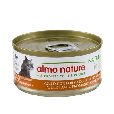 Almo Nature Natural HFC, Dose 70g, Hühn mit Käse. Text: 'All profits to the planet'.