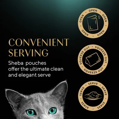Tekst in het Engels: Convenient serving. Sheba pouches offer the ultimate clean and elegant serve. Pictogrammen met 'Open', 'Squeeze out', 'Serve'.