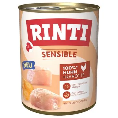 RINTI Sensible, 100%* Huhn + Karotte, NEU, nur 1 tierisches Protein, glutenfrei – optimal verdaulich. Német nyelvű feliratok a csomagoláson.