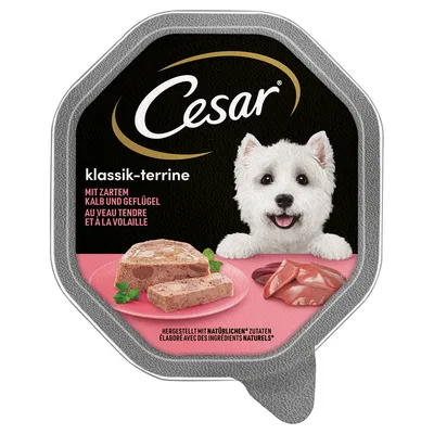 Cesar klassik-terrine, mit zartem Kalb und Geflügel, confezione con immagine di terrina e carne, testo: hergestellt mit natürlichen zutaten.