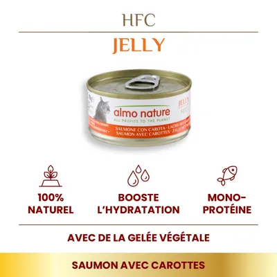 almo nature HFC Jelly, saumon avec carottes, 100 % naturel, booste l’hydratation, mono-protéine, avec de la gelée végétale. Texte en italien et allemand également visible.