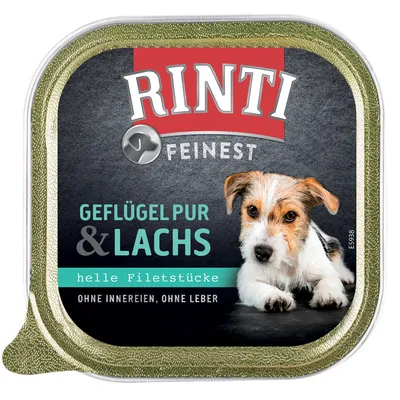 Rinti Finest Geflügel pur & Lachs, helle Filetstücke, ohne Innereien, ohne Leber. Testo in tedesco sulla confezione con immagine di cane.