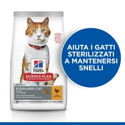 Hill's Science Plan Sterilised Cat Adult 1–6 Years con pollo. Testo: Aiuta i gatti sterilizzati a mantenersi snelli.