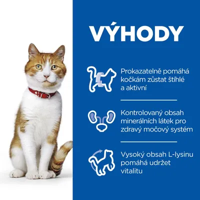 Text v češtine: Výhody – Prokazatelně pomáhá kočkám zůstat štíhlé a aktivní, kontrolovaný obsah minerálních látek pro zdravý močový systém, vysoký obsah L-lysinu pomáhá udržet vitalitu.