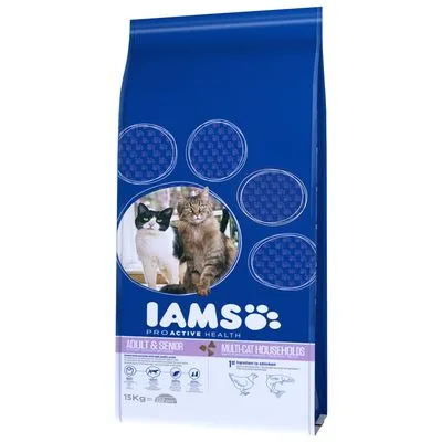 IAMS Proactive Health Adult & Senior Multicat Households kattenvoer, 15 kg zak, afbeelding van twee katten op de verpakking, zichtbaar kip als ingrediënt en pictogrammen met kat en kip.