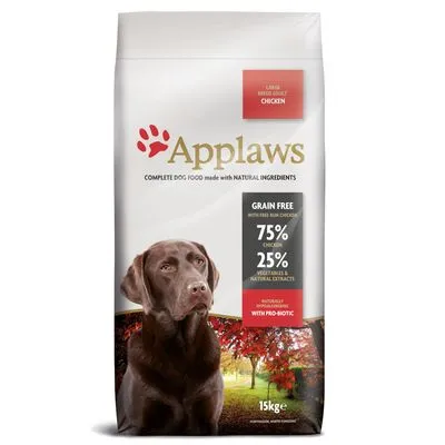 Applaws hondenvoer large breed adult chicken, graanvrij, 75% kip, 25% groenten & natuurlijke extracten, met pro-biotica, zak van 15 kg. Hond en herfstboom op verpakking zichtbaar.
