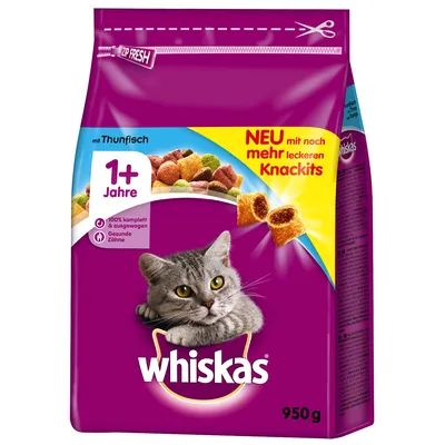 Whiskas Trockenfutter mit Thunfisch, 1+ Jahre, 950g. Neu: mehr leckere Knackits. 100% komplett & ausgewogen, gesunde Zähne.