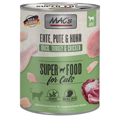 MAC's kattenvoer blik, Ente, Pute & Huhn (eend, kalkoen en kip), Super Food for Cats, graanvrij, hoog vleesgehalte, Made in Germany, voor volwassen katten. Tekst deels in het Duits/Engels.