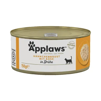 Applaws Natural Cat Food, Hähnchenbrust mit Käse in Brühe, 156g Dose. Zertifiziert B Corporation. Made with natural ingredients.
