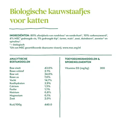 Ingrediënten: rundvlees, runderhart, varkenszwoerd, MSC-vis, kip, tarwe, maïs, zout, duindoorn, zeewier, spirulina. Analytische bestanddelen: eiwit 43%, vet 34%, kcal/100g 440.