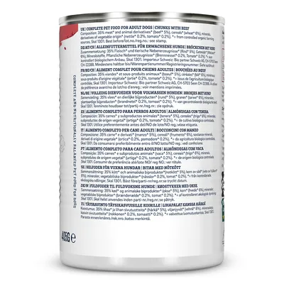 Lattina di alimento completo per cani adulti, 400 g. Ingredienti visibili: 35% carne e derivati (manzo 5%), cereali (frumento 6%), minerali, ortica 0,2%, pomodoro 0,2%.
