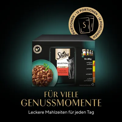 Sheba Selection in Sauce, lot de 12 x 85 g. Saveurs visibles : poulet et bœuf, poulet, agneau, canard et dinde. Texte en allemand sur l’emballage.