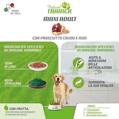 Natural Trainer Maxi Adult hundefoder med prosciutto crudo og ris. Ingredienser: hørfrø, spirulinaalge. Tekst på italiensk om naturlige ingredienser, uden farvestoffer, konserveringsmidler, tilsat sukker.