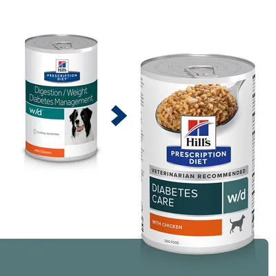 To Hill's Prescription Diet dåsefoder til hund, venstre: Digestion/Weight Diabetes Management w/d with Chicken. Højre: Diabetes Care w/d with Chicken, billede af foder og hundesilhuet.