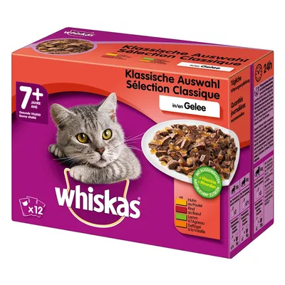 Whiskas Klasična izbira v želeju za mačke 7+, pakiranje x12. Vidne sestavine: piščanec, govedina, jagnjetina, perutnina. Besedilo na embalaži v nemščini in francoščini.