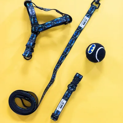 Pettorina per cani design Batman, guinzaglio e pallina. Pettorina con motivi Batman blu, guinzaglio nero e pallina nera con logo Batman giallo.