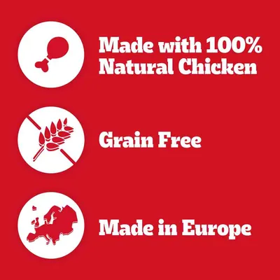 Made with 100% Natural Chicken, Grain Free, Made in Europe – text v angličtine na červenom pozadí s ikonami kurčaťa, bez obilnín a mapy Európy.