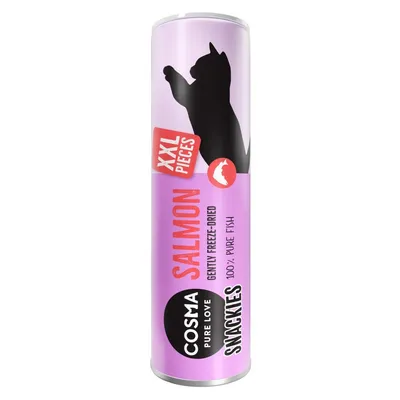 COSMA PURE LOVE SNACKIES SALMON, XXL PIECES, GENTLY FREEZE-DRIED, 100% PURE FISH -kissanherkkupakkaus, vaaleanvioletti sylinteri, musta kissasiluetti