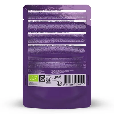 Yarrah Volledig diervoeder voor volwassen katten, 85 g. NL-BIO-01, EU-bio, Certified B Corporation, Eco Control, ingrediënten en analytische bestanddelen in meerdere talen zichtbaar.