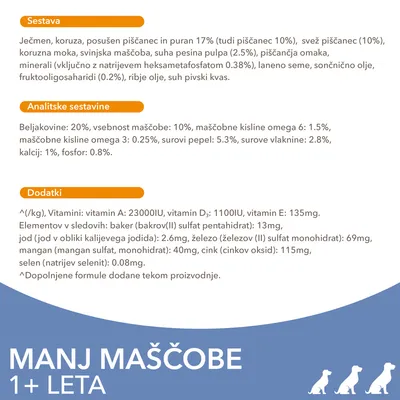 Sestava, analitske sestavine in dodatki pasje hrane: vsebuje ječmen, koruzo, piščanca, purana, ribje olje; beljakovine 20 %, maščobe 10 %, vitamini A, D₃, E, elementi v sledovih. Manj maščobe 1+ leta.