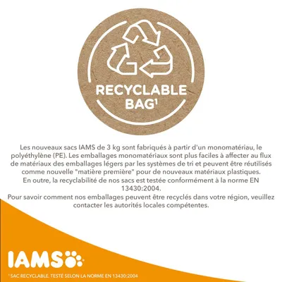 Texte en anglais : RECYCLABLE BAG. Informations sur la recyclabilité des sacs IAMS de 3 kg, fabriqués en polyéthylène, testés selon la norme EN 13430:2004. Marque IAMS visible.