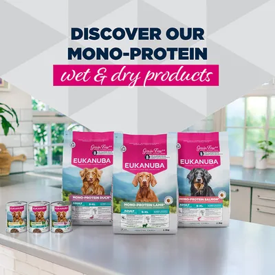 Eukanuba Mono-Protein märkä- ja kuivaruoka: Ankka, Lammas, Lohi. Viljaton, aikuisille S-XL. Tutustu mono-proteiinivalikoimaamme.
