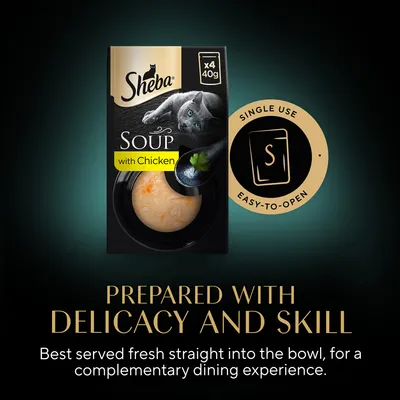 Sheba Soup with Chicken, x4 40g. Single use, easy-to-open. Tekst: Prepared with delicacy and skill. Best served fresh straight into the bowl, for a complementary dining experience.
