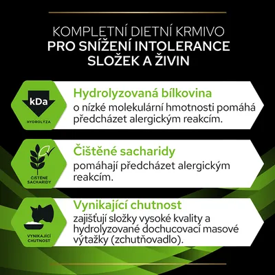 Kompletní dietní krmivo pro snížení intolerance složek a živin. Hydrolyzovaná bílkovina, čištěné sacharidy, vynikající chutnost – popisy vlastností na obrázku.