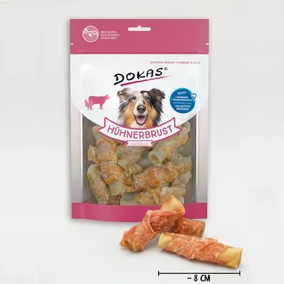 Zak Dokas Hühnerbrust Kaurolle met afbeelding van hond, zichtbare kauwrollen en tekst: 'Hühnerbrust', lengte-indicatie ~8 cm bij losse kauwrol.
