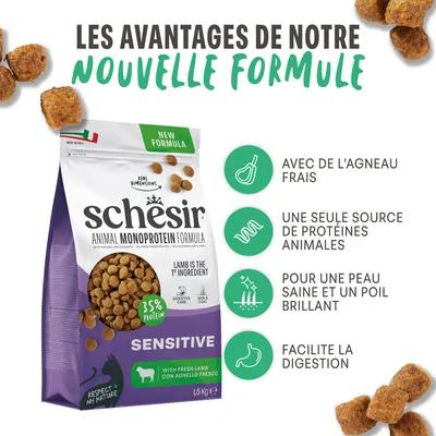 Schesir Animal Monoprotein Formula Sensitive avec agneau frais, 35 % de protéines. Avantages : une seule source de protéine, une peau saine et un pelage brillant, facilite la digestion. Schesir Animal Monoprotein Formula Sensitive avec agneau frais, 35 % de protéines. Avantages : une seule source de protéine, une peau saine et un pelage brillant, facilite la digestion.