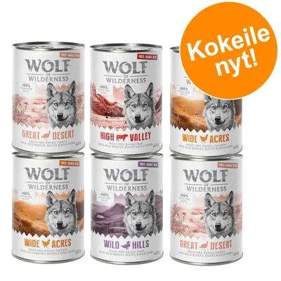 Wolf of Wilderness -koiranruokasäilykkeet: Great Desert, High Valley, Wide Acres, Wild Hills. Oranssi ympyrä tekstillä 'Kokeile nyt!'. 400 g purkit, näkyvät makuvaihtoehdot.