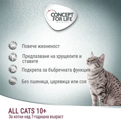 Concept for Life. Повече жизненост, предпазване на хрущялите и ставите, подкрепа за бъбречната функция, без пшеница, царевица или соя. ALL CATS 10+. За котки над 7-годишна възраст.