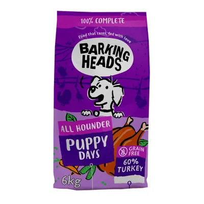 Barking Heads All Hounder Puppy Days, 6kg bag, grain free, contains 60% turkey, labelled as 100% complete food.