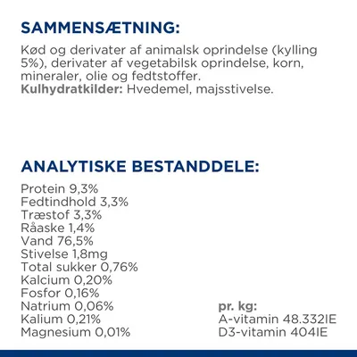 Sammensætning: kød og derivater af animalsk oprindelse (kylling 5 %), vegetabilske derivater, korn, mineraler, olie, fedtstoffer. Kulhydratkilder: hvedemel, majsstivelse. Analytiske bestanddele: protein 9,3 %, fedt 3,3 %, træstof 3,3 %, råaske 1,4 %, vand 76,5 %, stivelse 1,8 mg, sukker 0,76 %, kalcium 0,20 %, fosfor 0,16 %, natrium 0,06 %, kalium 0,21 %, magnesium 0,01 %. pr. kg: A-vitamin 48.332 IE, D3-vitamin 404 IE.