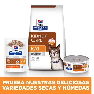 Hill's Prescription Diet Kidney Care k/d para gatos, variedades seca y húmeda. Texto: 'PRUEBA NUESTRAS DELICIOSAS VARIEDADES SECAS Y HÚMEDAS'.