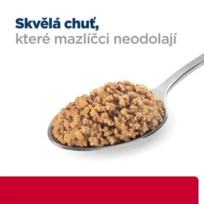 Text v češtine: Skvělá chuť, které mazlíčci neodolají. Lyžica s mletým krmivom pre domáce zvieratá.