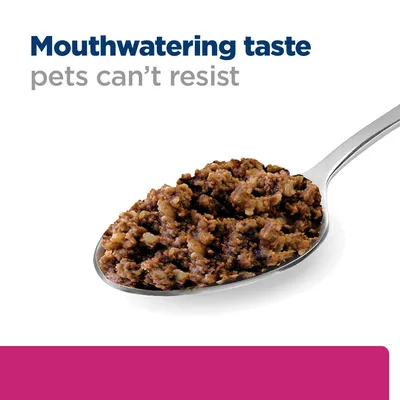 Text: Mouthwatering taste pets can’t resist. Spoon with brown, minced pet food shown below the text.
