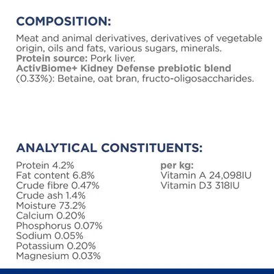 Composition: meat and animal derivatives, pork liver, ActivBiome+ Kidney Defense prebiotic blend. Analytical constituents: protein 4.2%, fat 6.8%, moisture 73.2%, vitamin A 24,098IU/kg.