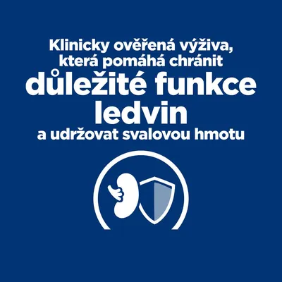 Text v češtine: Klinicky ověřená výživa, která pomáhá chránit důležité funkce ledvin a udržovat svalovou hmotu. Obrázok obličky a štítu.