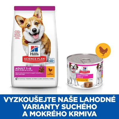 Hill's Science Plan Adult 1–6 Small & Mini krmivo pro psy, suché i mokré varianty s kuřecím. Text: VYZKOUŠEJTE NAŠE LAHODNÉ VARIANTY SUCHÉHO A MOKRÉHO KRMIVA.
