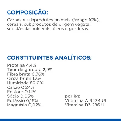 Composição: carnes e subprodutos animais (frango 10%), cereais, subprodutos de origem vegetal, minerais, óleos e gorduras. Constituintes analíticos: proteína 4,4 %, gordura 2,9 %, humidade 80 %.